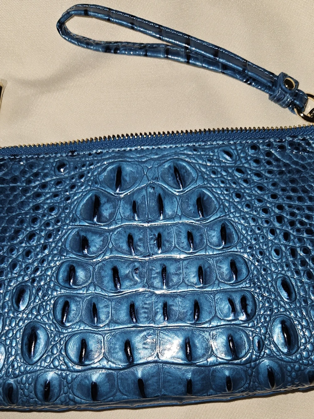 Brahmin Metallic Teal Croc-Embossed Wristlet Clutch